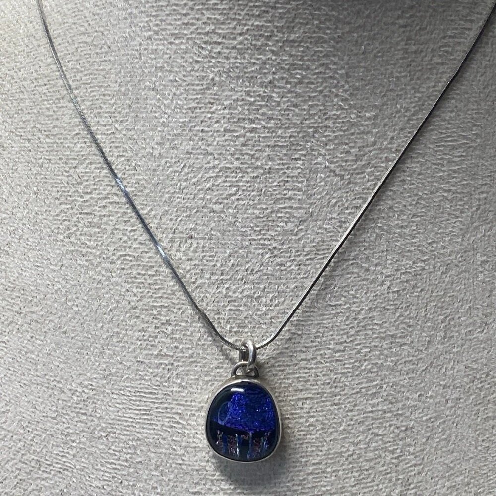 925 Sterling Silver Italy Necklace with Blue Dichroic Glass Pendant, 20”
